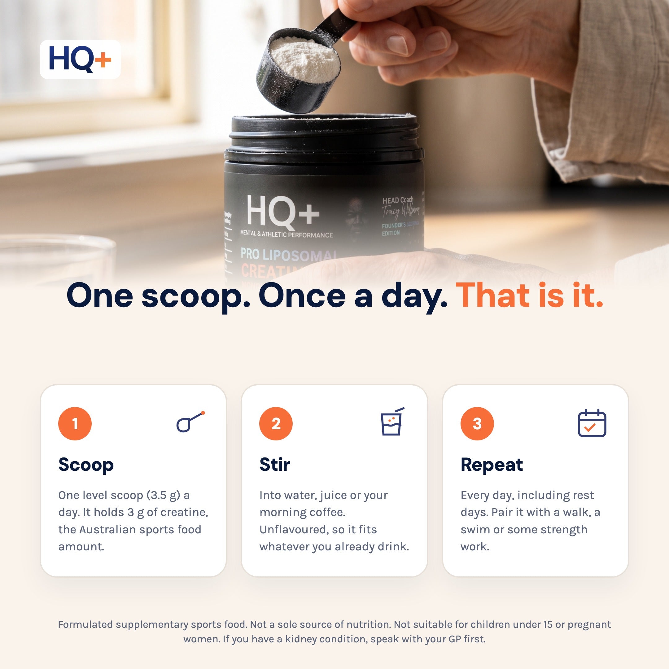 How to take HQ+ Pro: one scoop, stir into water or coffee, repeat every day.