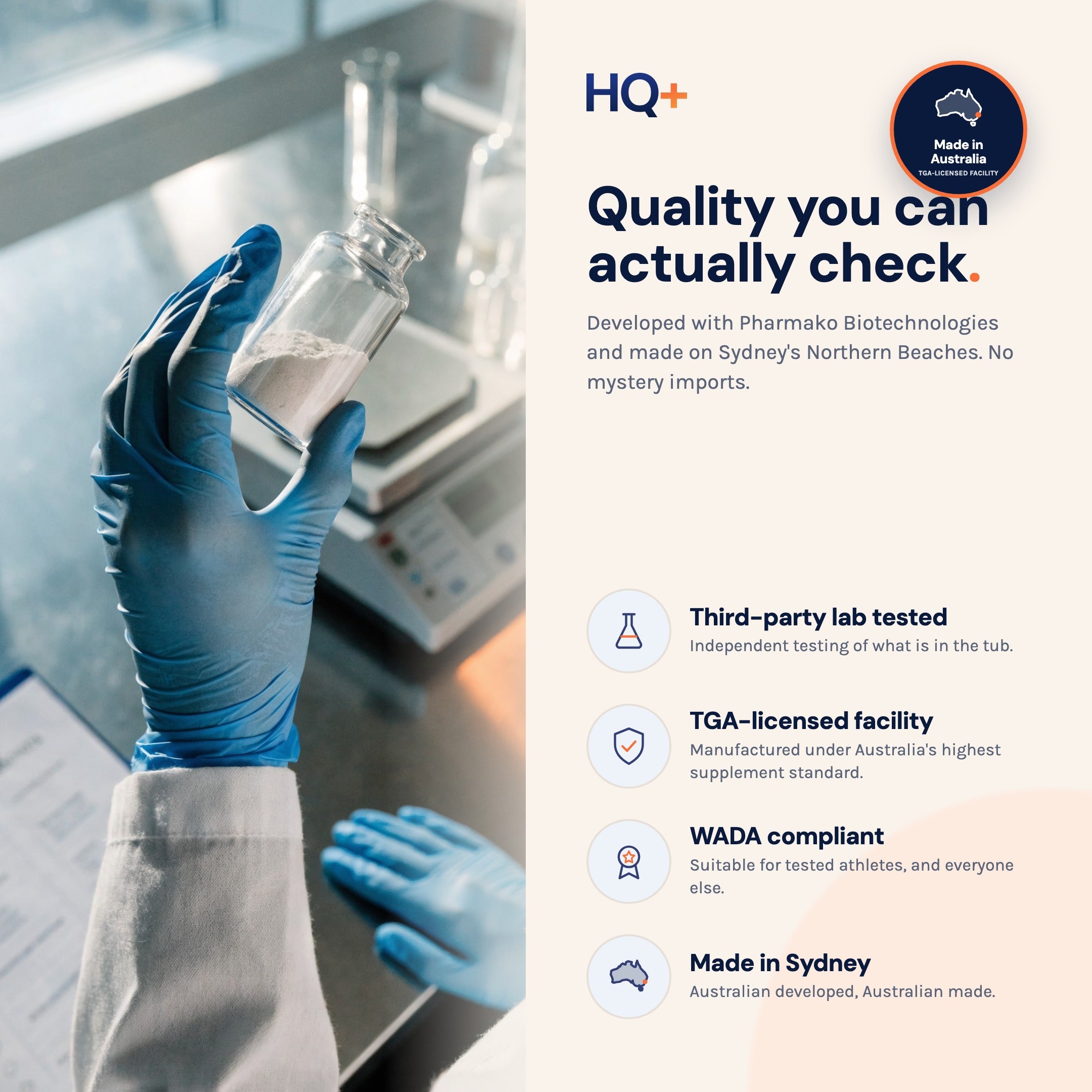 Quality you can check: third-party lab tested, TGA-licensed facility, WADA compliant, made in Sydney.