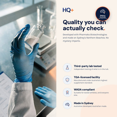 Quality you can check: third-party lab tested, TGA-licensed facility, WADA compliant, made in Sydney.