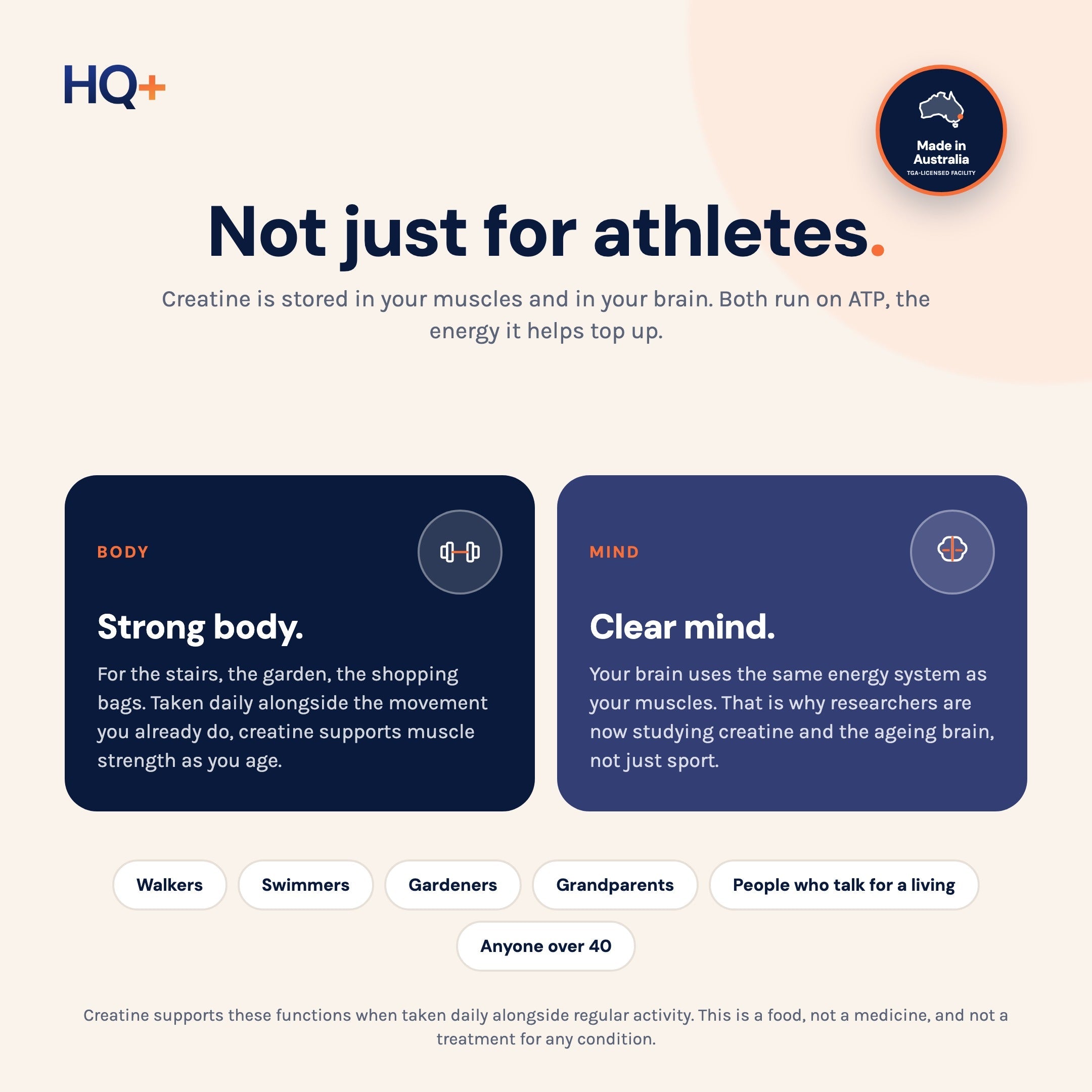 Not just for athletes: creatine is stored in your muscles and your brain. Strong body, clear mind.