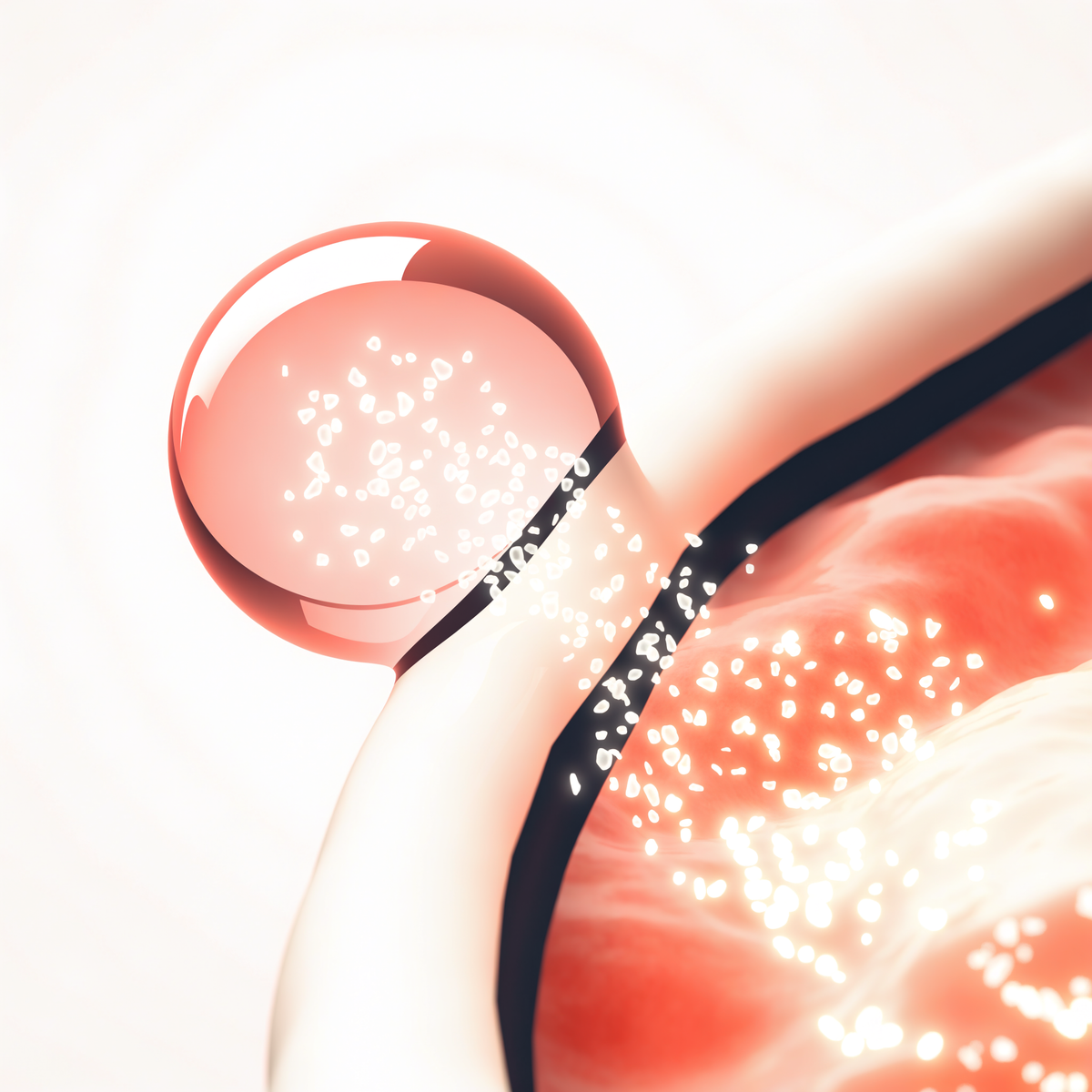 Illustration of a liposome merging with a cell and releasing creatine